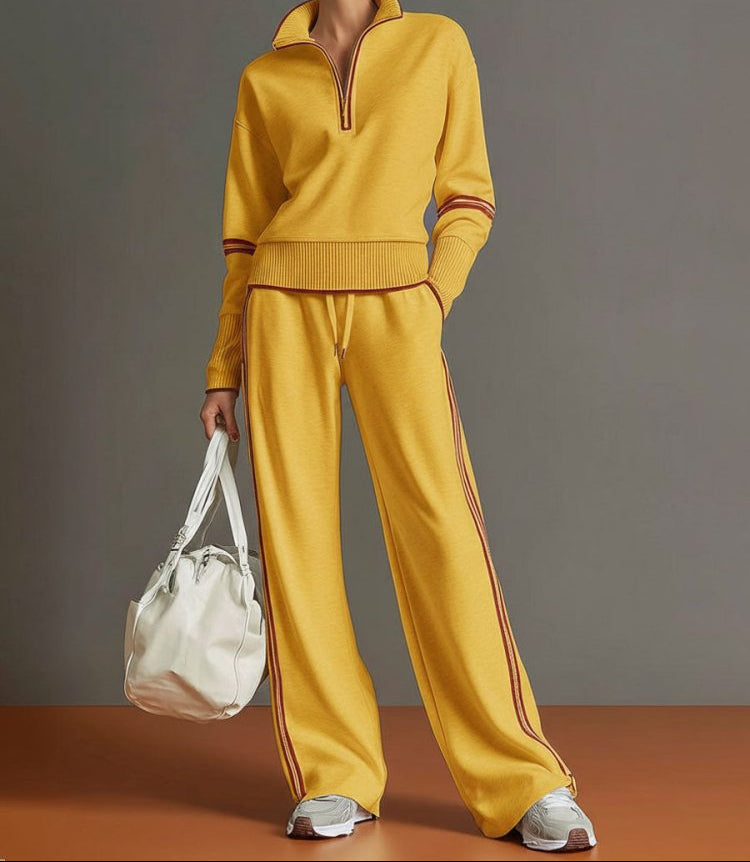 Women's Half-zip Lounge Set With Soft Stretch Fabric And Wide Legs – A Comfortable Travel Set For Everyday Wear, Relaxation, And Leisure