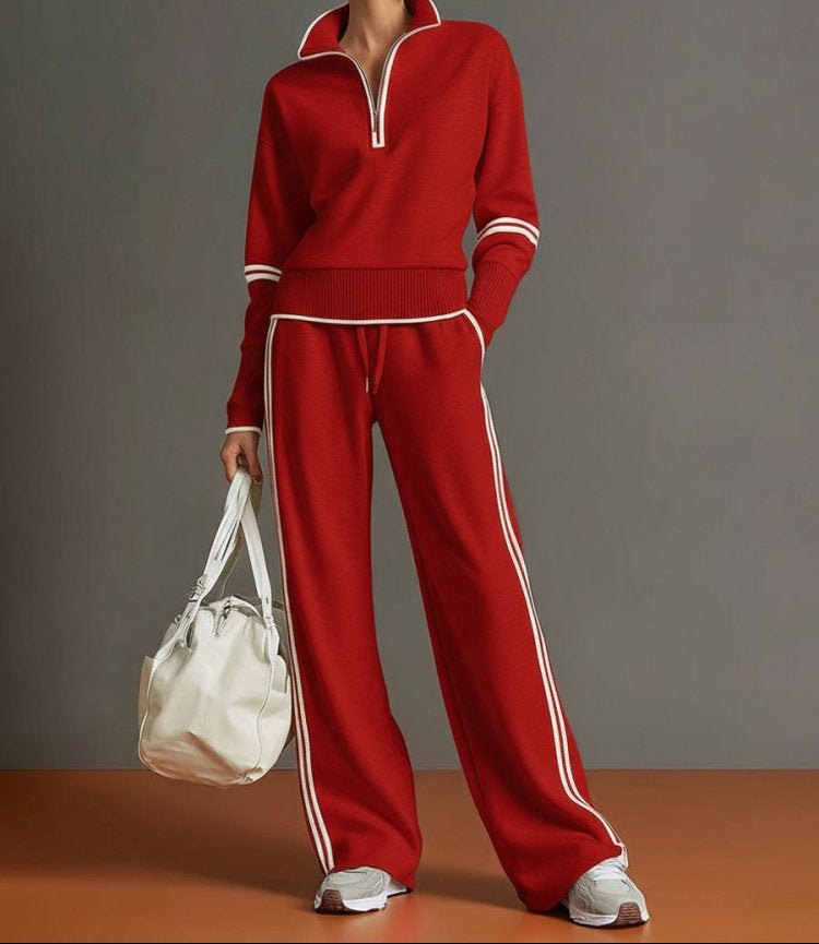 Women's Half-zip Lounge Set With Soft Stretch Fabric And Wide Legs – A Comfortable Travel Set For Everyday Wear, Relaxation, And Leisure