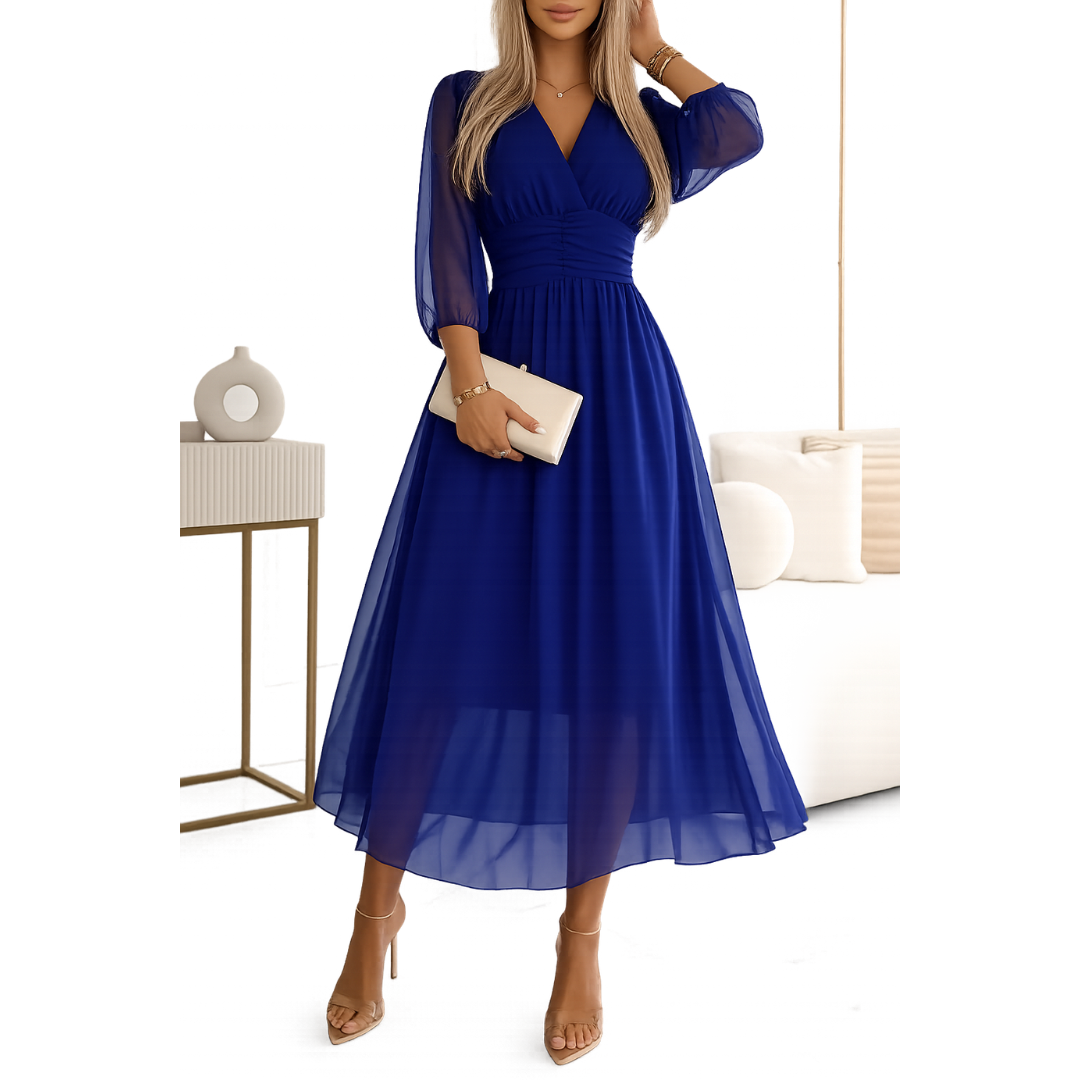 Women's Chiffon Midi Dress With A Gathered Waist – An Elegant Dress For Weddings, Summer Parties, And Special Occasions