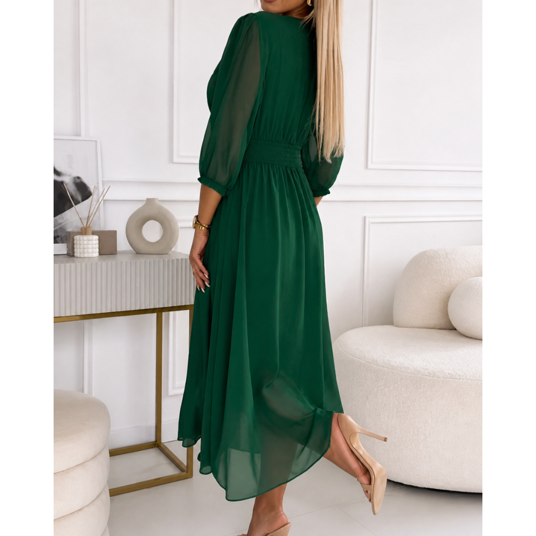 Women's Chiffon Midi Dress With A Gathered Waist – An Elegant Dress For Weddings, Summer Parties, And Special Occasions
