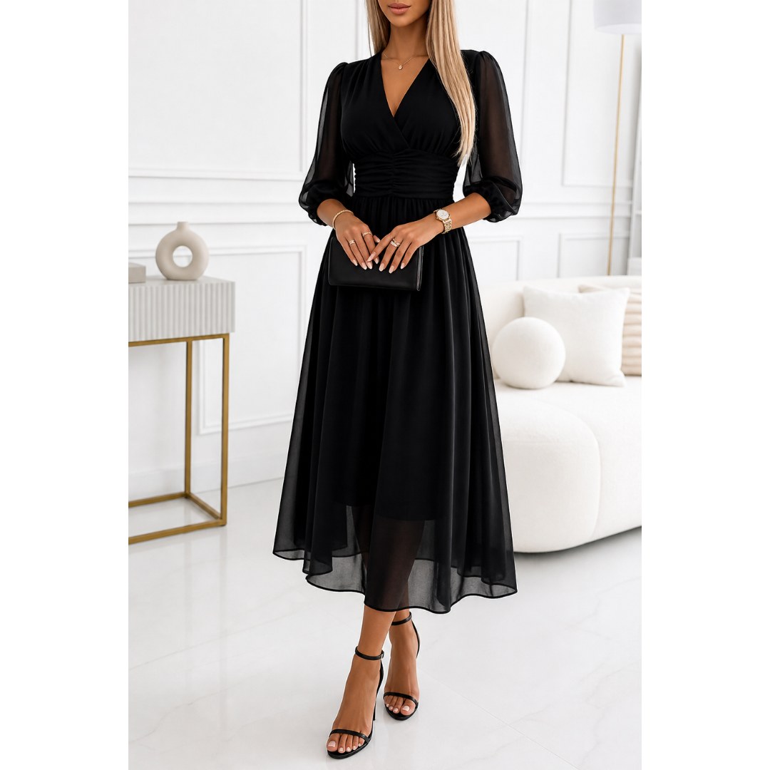 Women's Chiffon Midi Dress With A Gathered Waist – An Elegant Dress For Weddings, Summer Parties, And Special Occasions