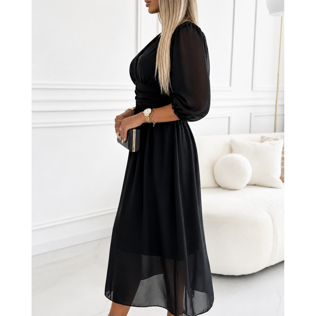 Women's Chiffon Midi Dress With A Gathered Waist – An Elegant Dress For Weddings, Summer Parties, And Special Occasions