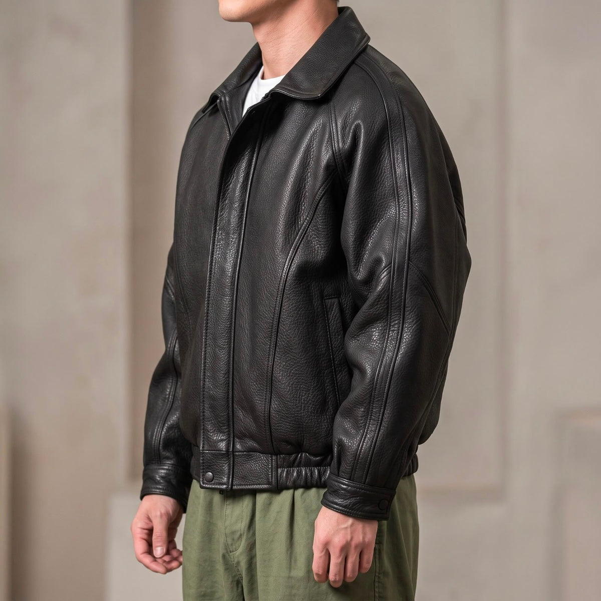 Men's Leather ZIP Jacket - Structured Collared Layer For Spring And Autumn Wear