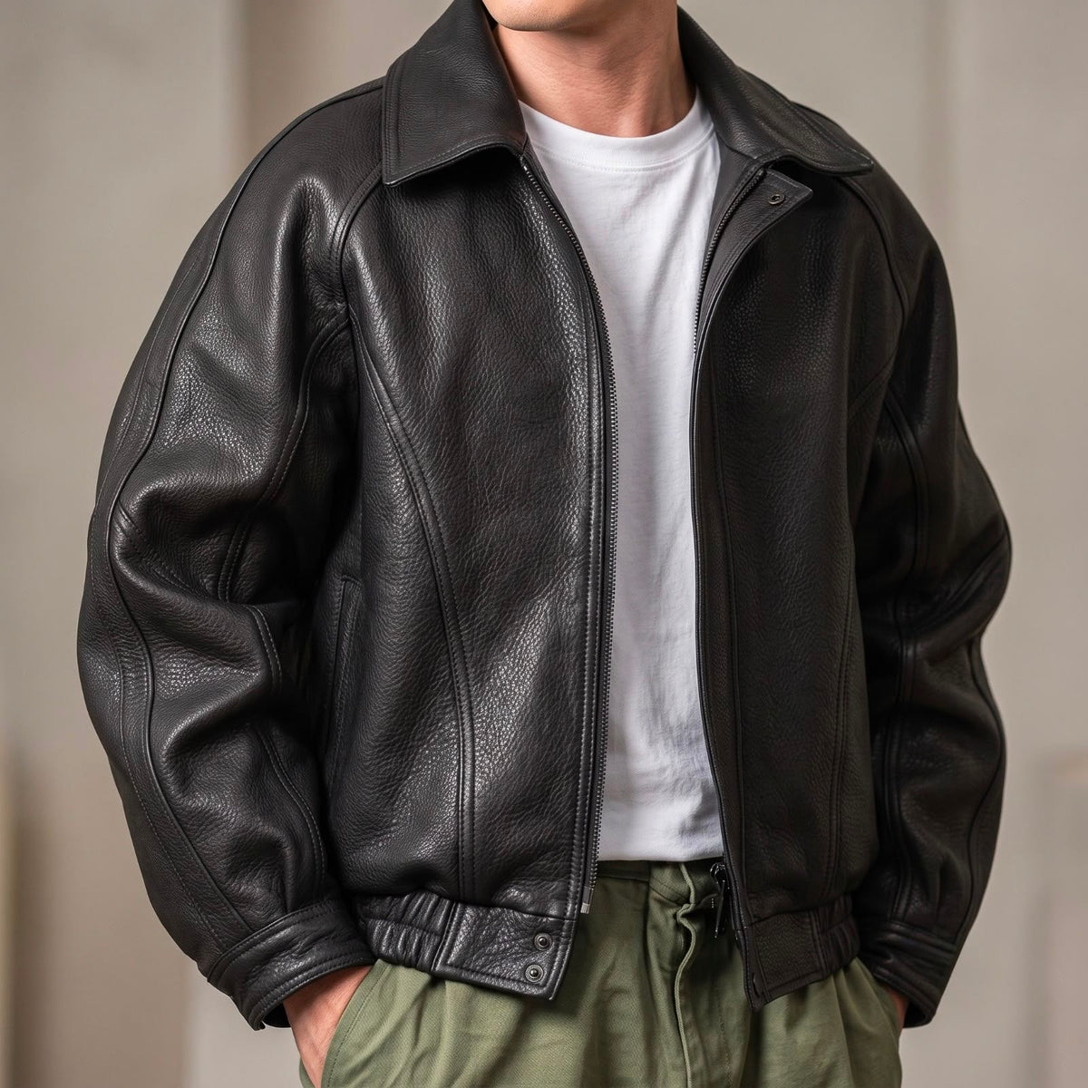 Men's Leather ZIP Jacket - Structured Collared Layer For Spring And Autumn Wear