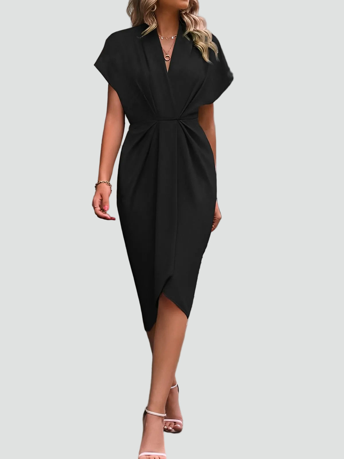Women's Draped Midi Dress With A Deep V-neck And Slit – An Elegant Dress For Parties, Evening Wear, And Special Occasions