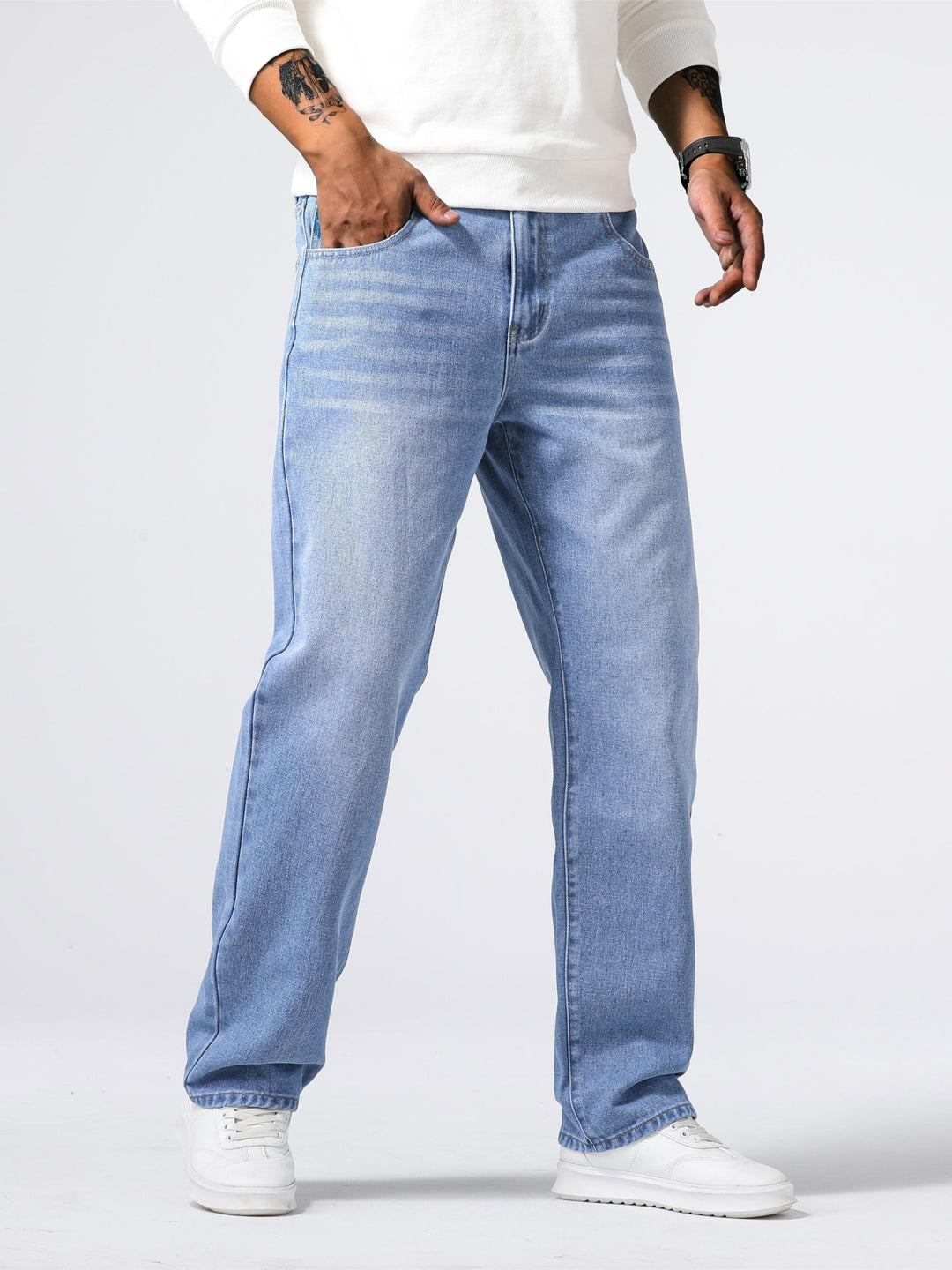Men's Straight-leg Denim Jeans With A Washed Look – Classic Everyday Jeans For Leisure, Everyday Wear, And Casual Style
