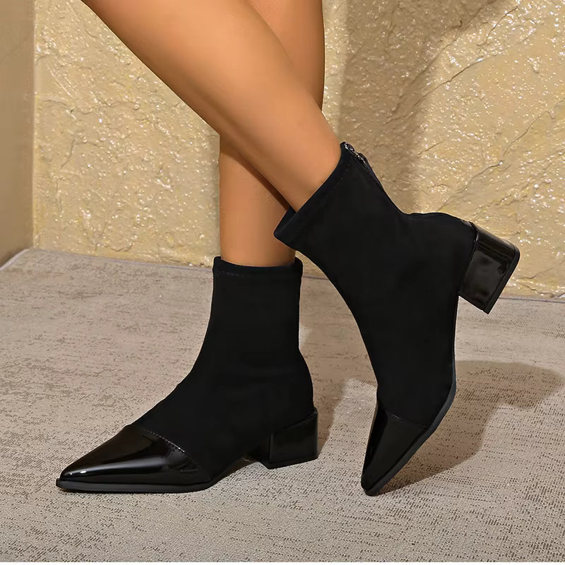 Women's Ankle Boots With A Pointed Toe, Patent Leather Details, And A Block Heel – Elegant Boots For Fall, Winter, The Office, And Special Occasions