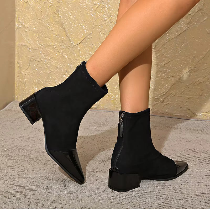 Women's Ankle Boots With A Pointed Toe, Patent Leather Details, And A Block Heel – Elegant Boots For Fall, Winter, The Office, And Special Occasions