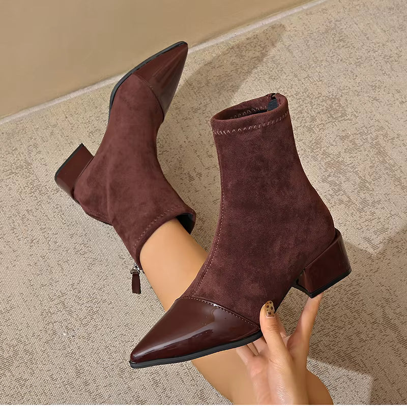 Women's Ankle Boots With A Pointed Toe, Patent Leather Details, And A Block Heel – Elegant Boots For Fall, Winter, The Office, And Special Occasions