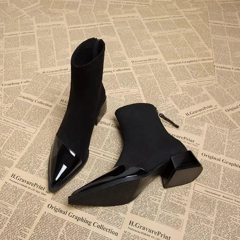 Women's Ankle Boots With A Pointed Toe, Patent Leather Details, And A Block Heel – Elegant Boots For Fall, Winter, The Office, And Special Occasions