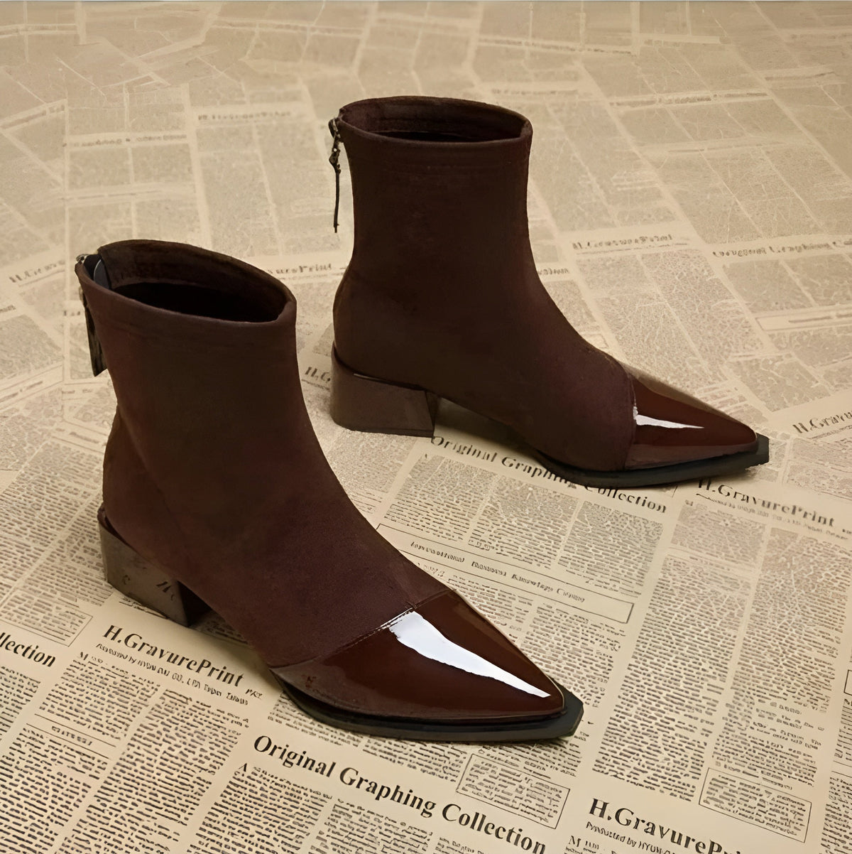 Women's Ankle Boots With A Pointed Toe, Patent Leather Details, And A Block Heel – Elegant Boots For Fall, Winter, The Office, And Special Occasions