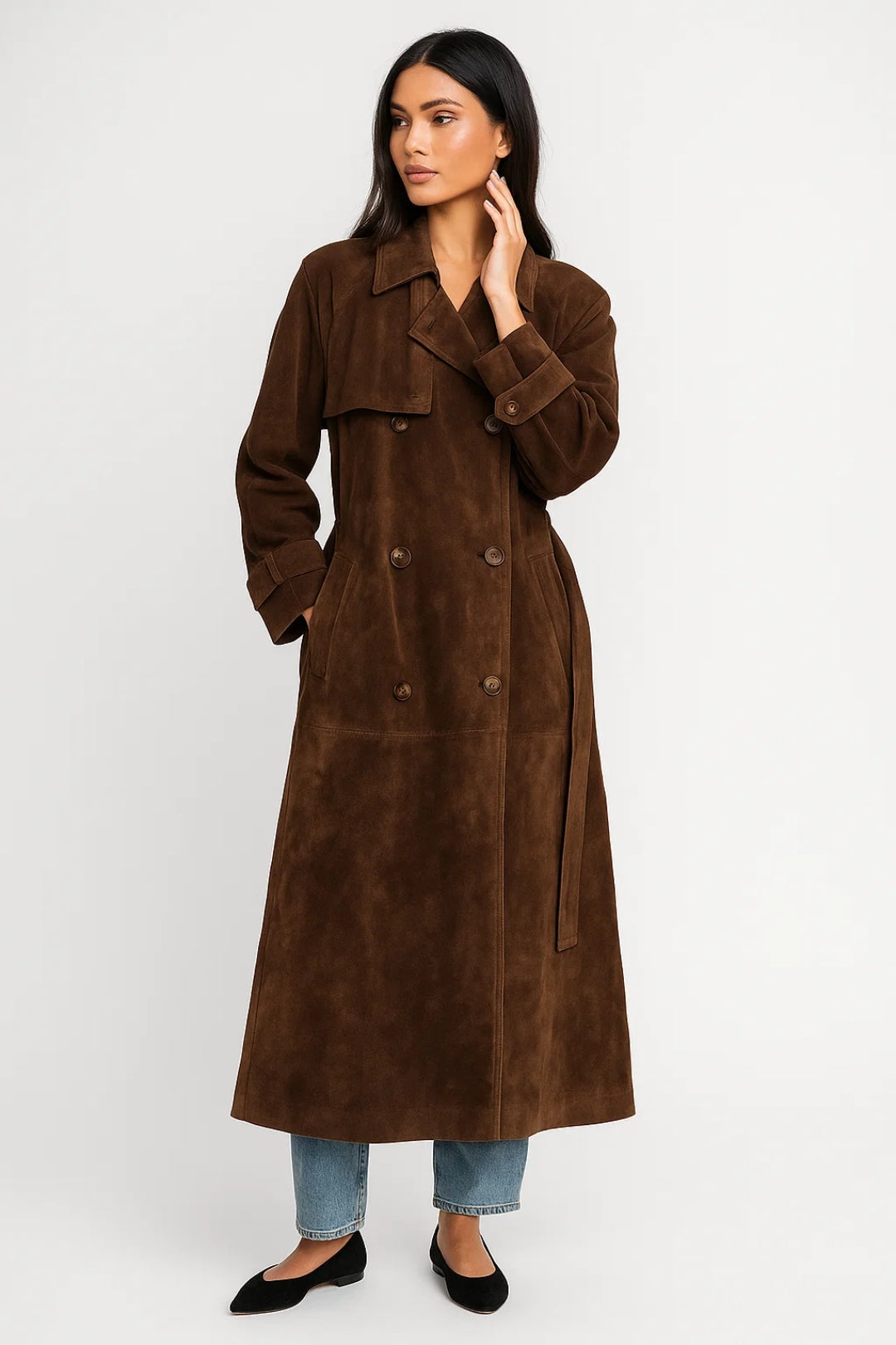 Gemma - Long Trench Coat in Elegant Suede Effect