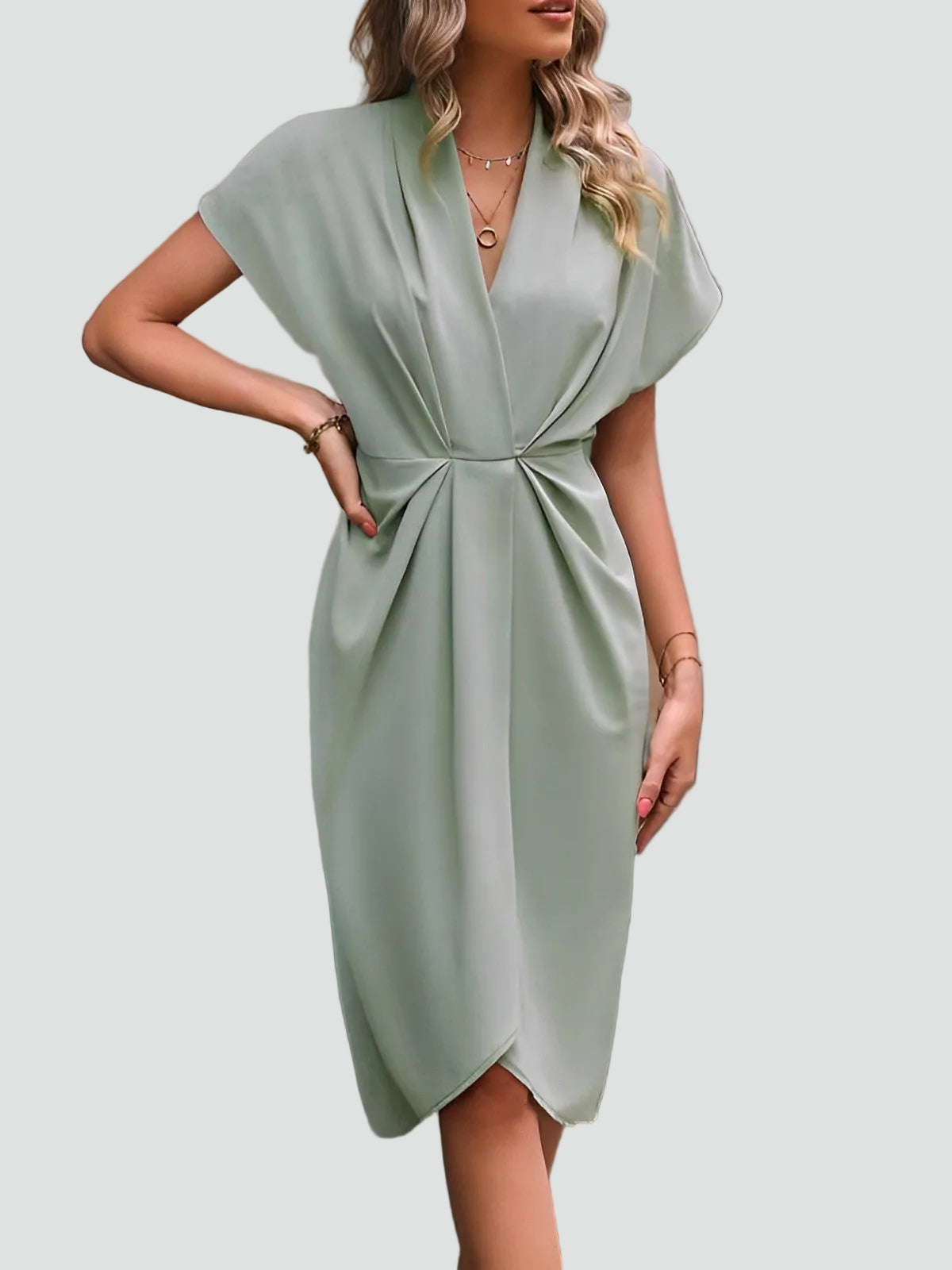 Women's Draped Midi Dress With A Deep V-neck And Slit – An Elegant Dress For Parties, Evening Wear, And Special Occasions