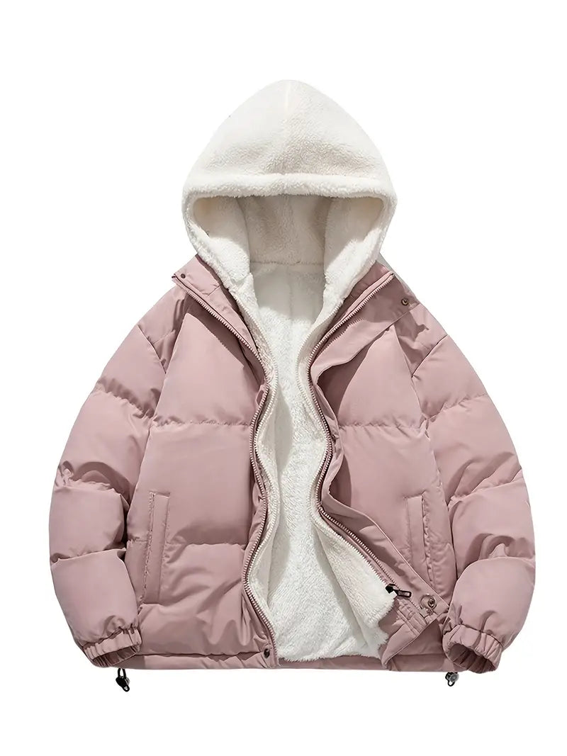 Women's Sherpa-lined Puffer Jacket With A Hood, Zipper Closure, And Adjustable Hem – Warm Winter Outerwear For Cold Days, Everyday Wear, And Outdoor Activities