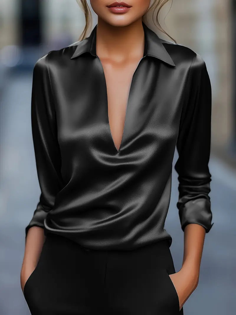 Women's Satin Blouse With A V-neck And Draped Collar – An Elegant Blouse For The Office, Parties, Evening Wear, And Smart-casual Styles