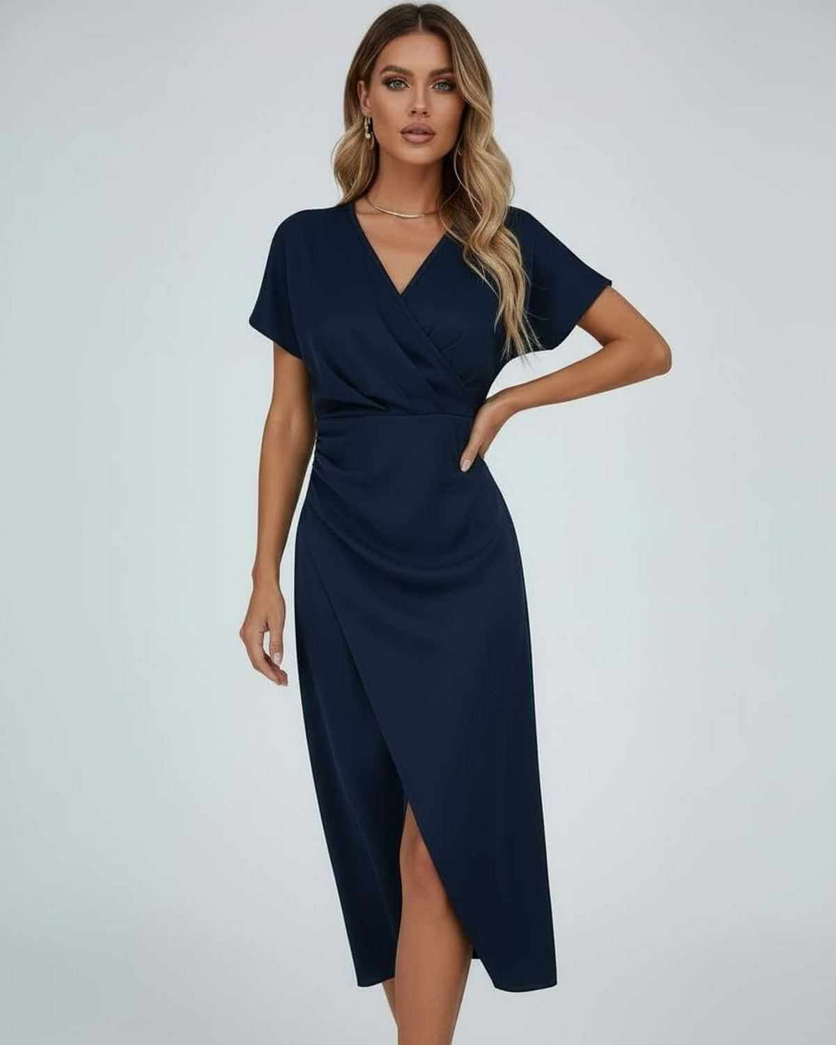 Women's Wrap MIDI Dress - Draped Waist And Split Hem For Elegant Occasion Wear