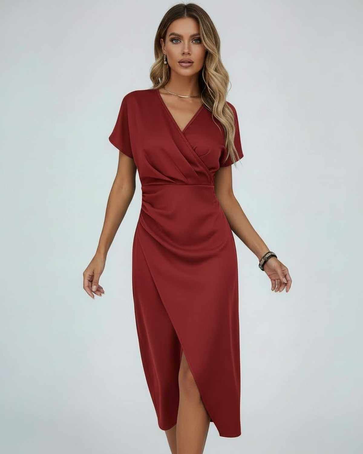 Women's Wrap MIDI Dress - Draped Waist And Split Hem For Elegant Occasion Wear