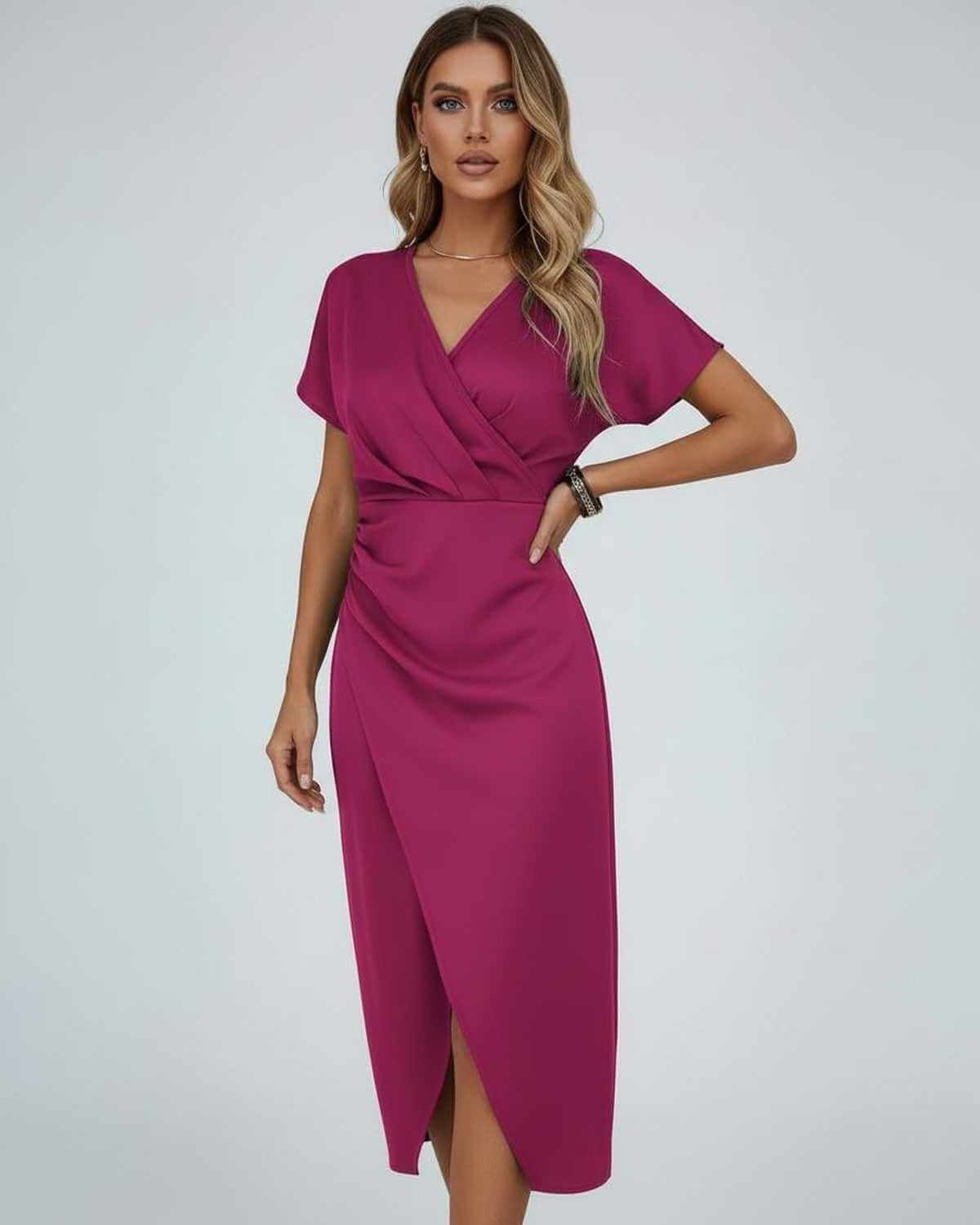 Women's Wrap MIDI Dress - Draped Waist And Split Hem For Elegant Occasion Wear