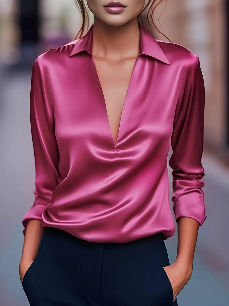 Women's Satin Blouse With A V-neck And Draped Collar – An Elegant Blouse For The Office, Parties, Evening Wear, And Smart-casual Styles