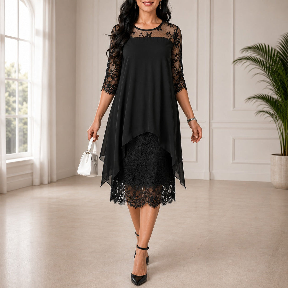 Women's Chiffon Midi Dress With Layered Lace Detailing – An Elegant Dress For Parties, Evening Wear, And Special Occasions