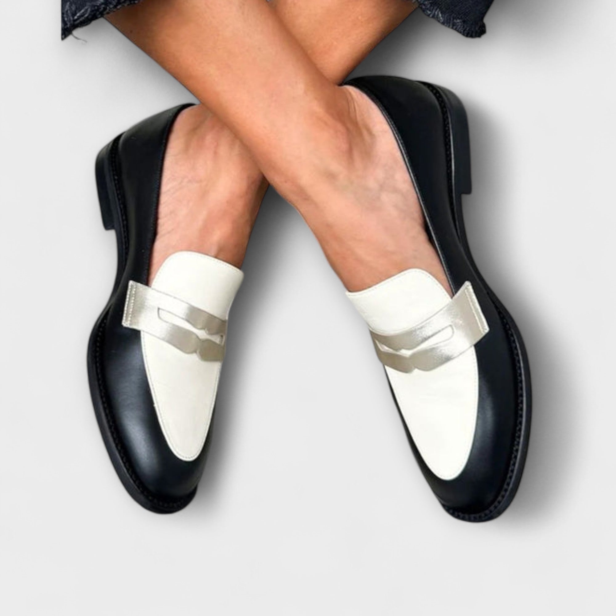 Helena | Black Moccasins with Shiny Metallic Effect