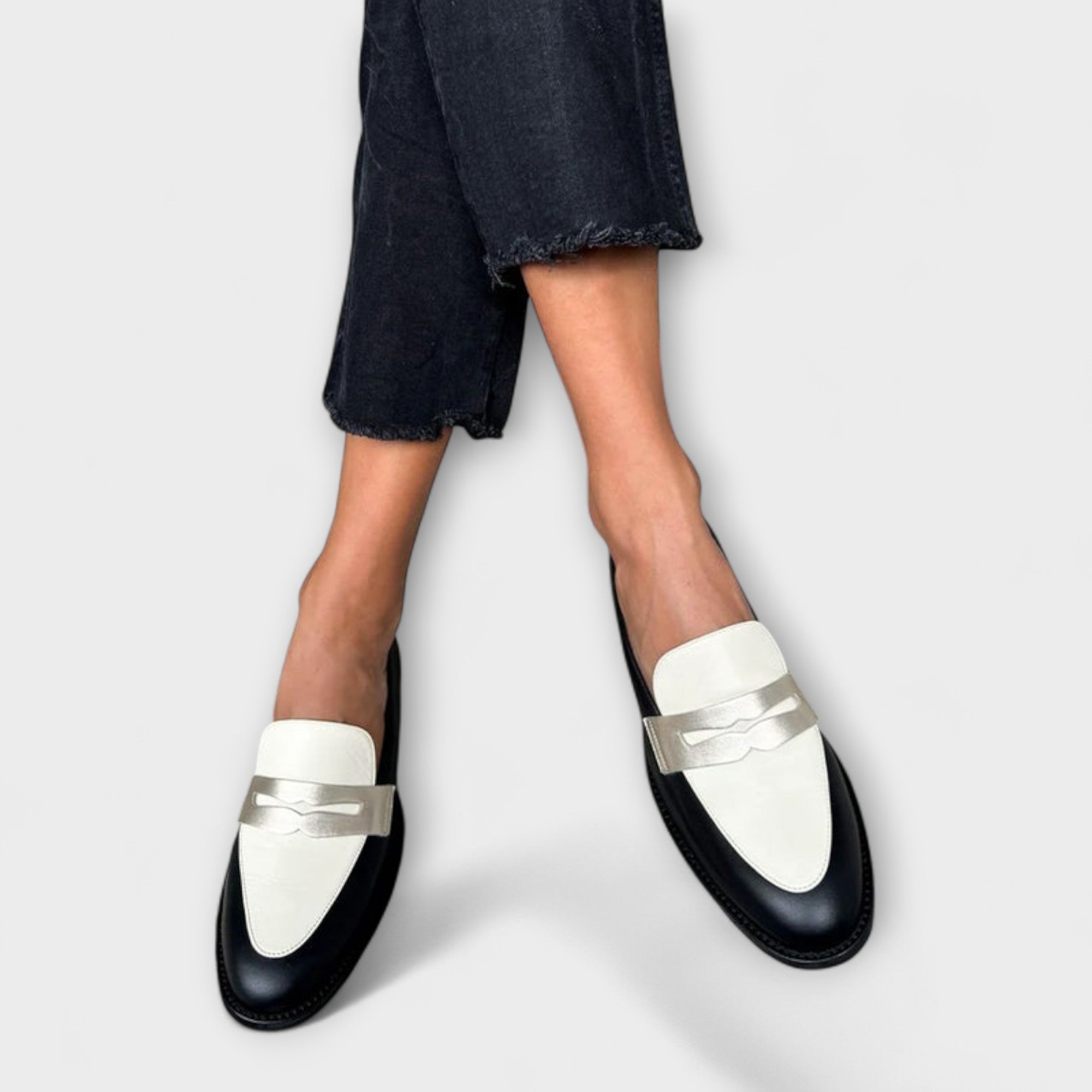 Helena | Black Moccasins with Shiny Metallic Effect