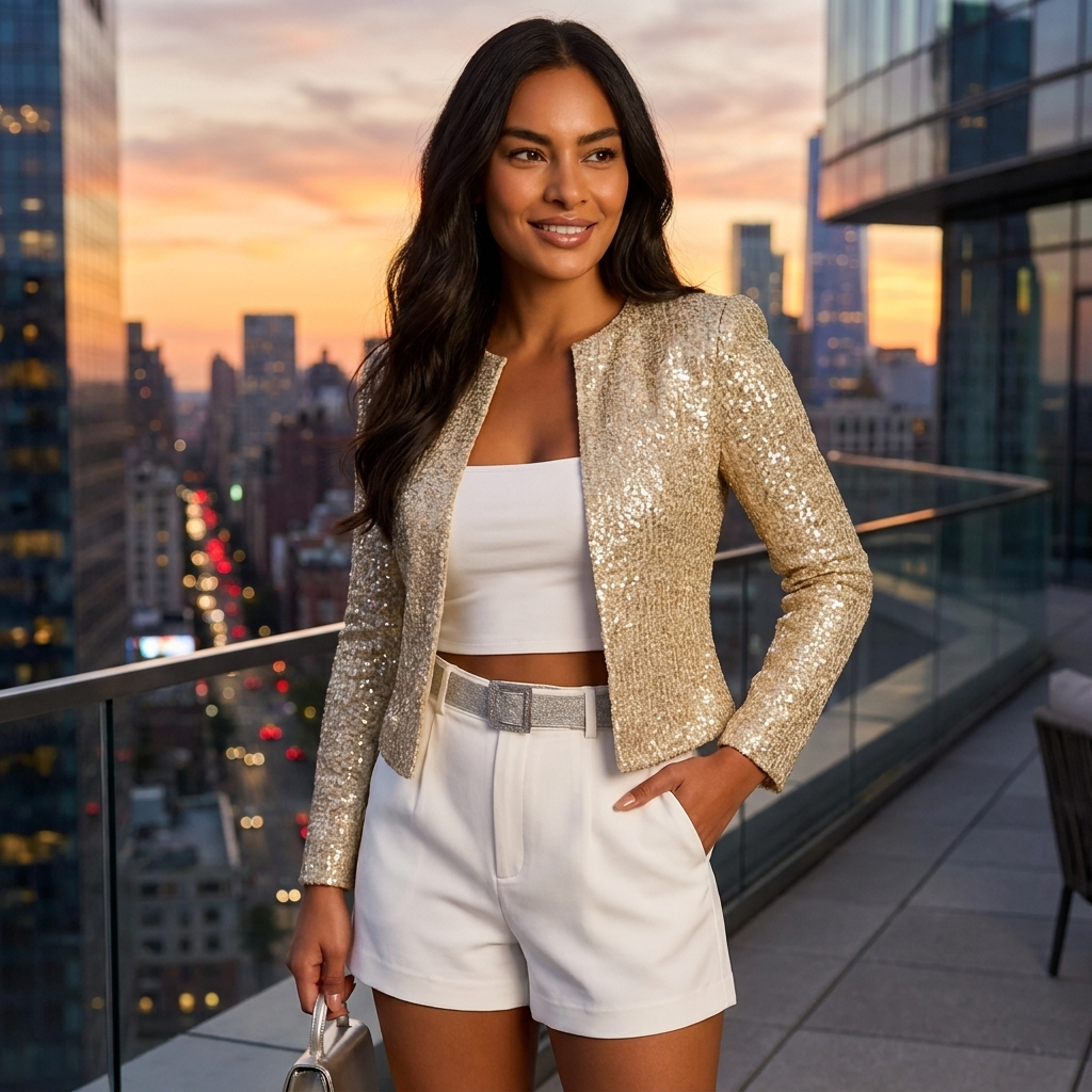 Women's Cropped Sequin Blazer - Glamorous Open-front Evening Jacket For Parties And Special Occasions