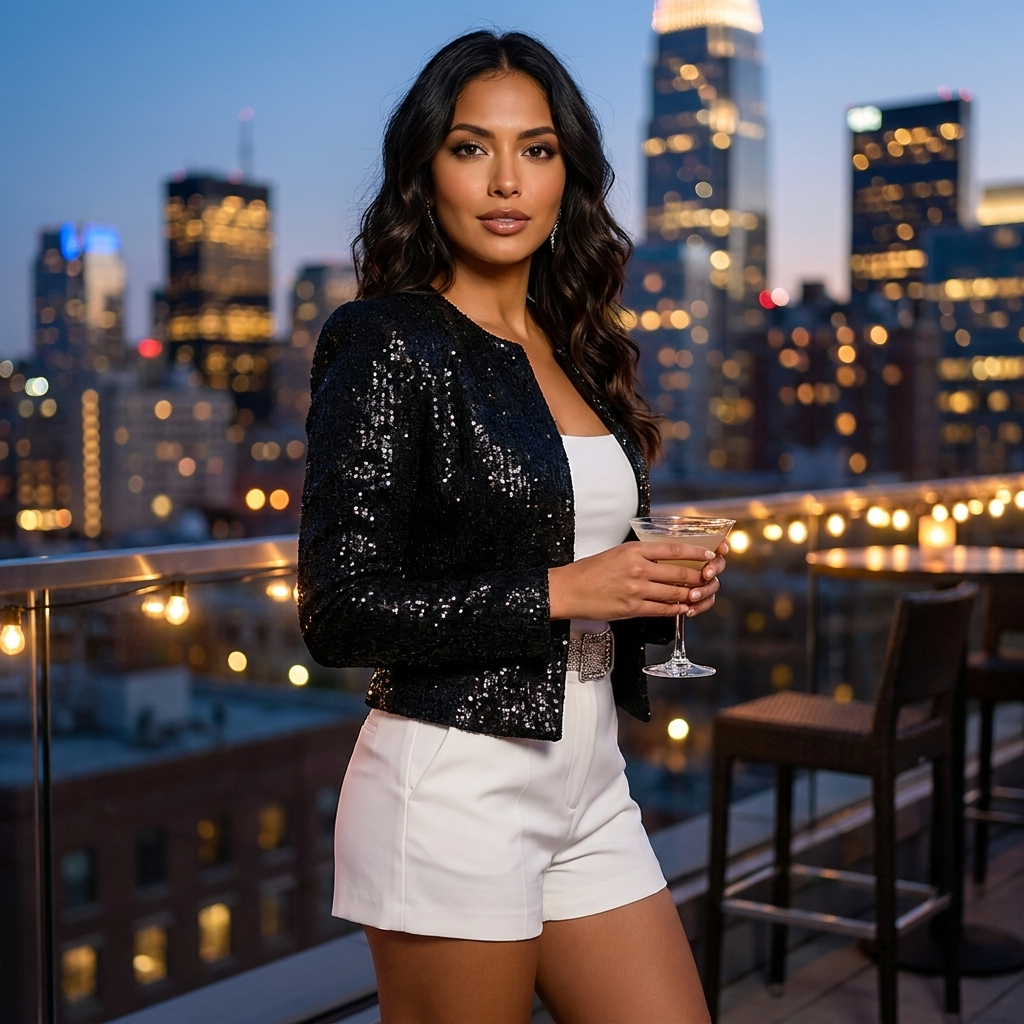Women's Cropped Sequin Blazer - Glamorous Open-front Evening Jacket For Parties And Special Occasions
