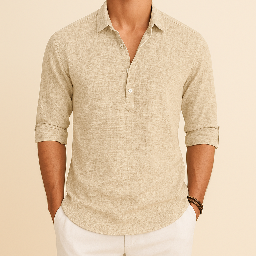 Men's Long-sleeve Polo Shirt With A Button Placket At The Neck—relaxed Fit For Comfortable Everyday Wear