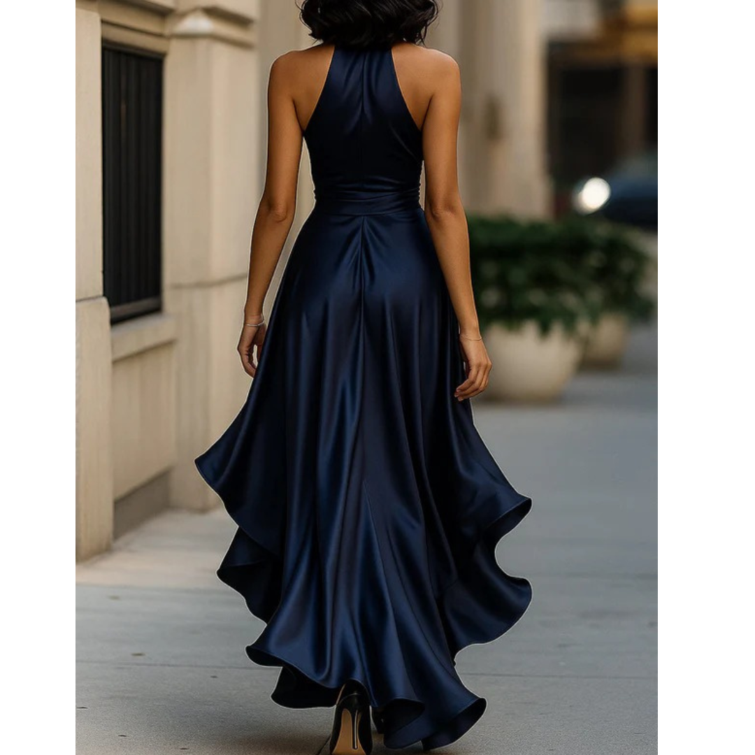 Women's Halter-neck Maxi Dress With A Draped Design And Ruffled Hem – Elegant Party Dress For Weddings, Parties, And Special Occasions