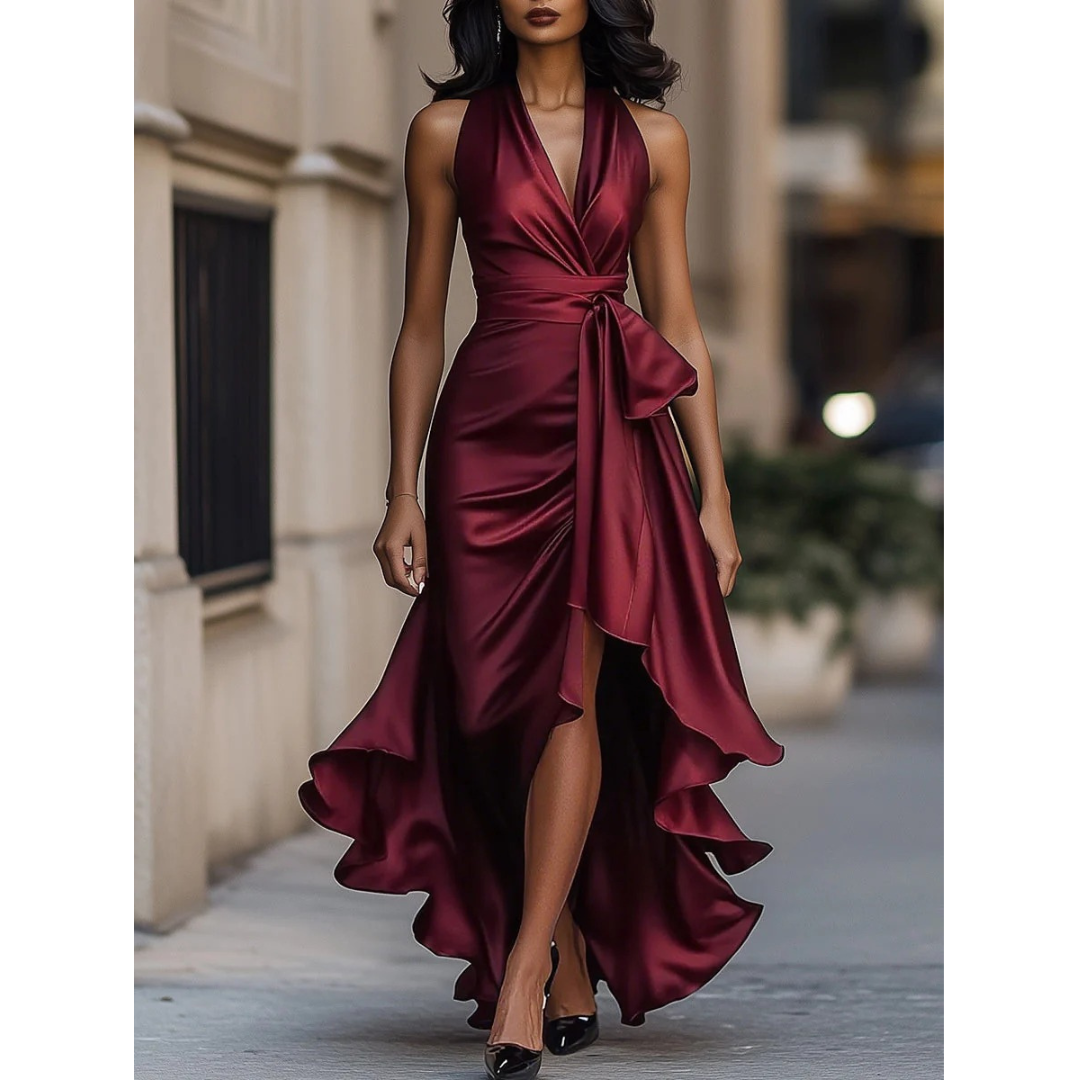 Women's Halter-neck Maxi Dress With A Draped Design And Ruffled Hem – Elegant Party Dress For Weddings, Parties, And Special Occasions