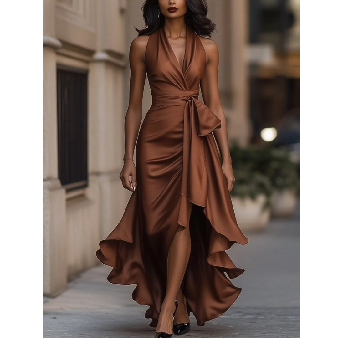 Women's Halter-neck Maxi Dress With A Draped Design And Ruffled Hem – Elegant Party Dress For Weddings, Parties, And Special Occasions