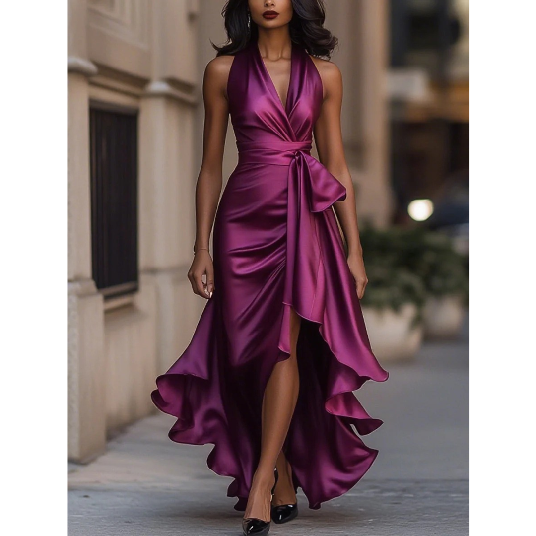 Women's Halter-neck Maxi Dress With A Draped Design And Ruffled Hem – Elegant Party Dress For Weddings, Parties, And Special Occasions