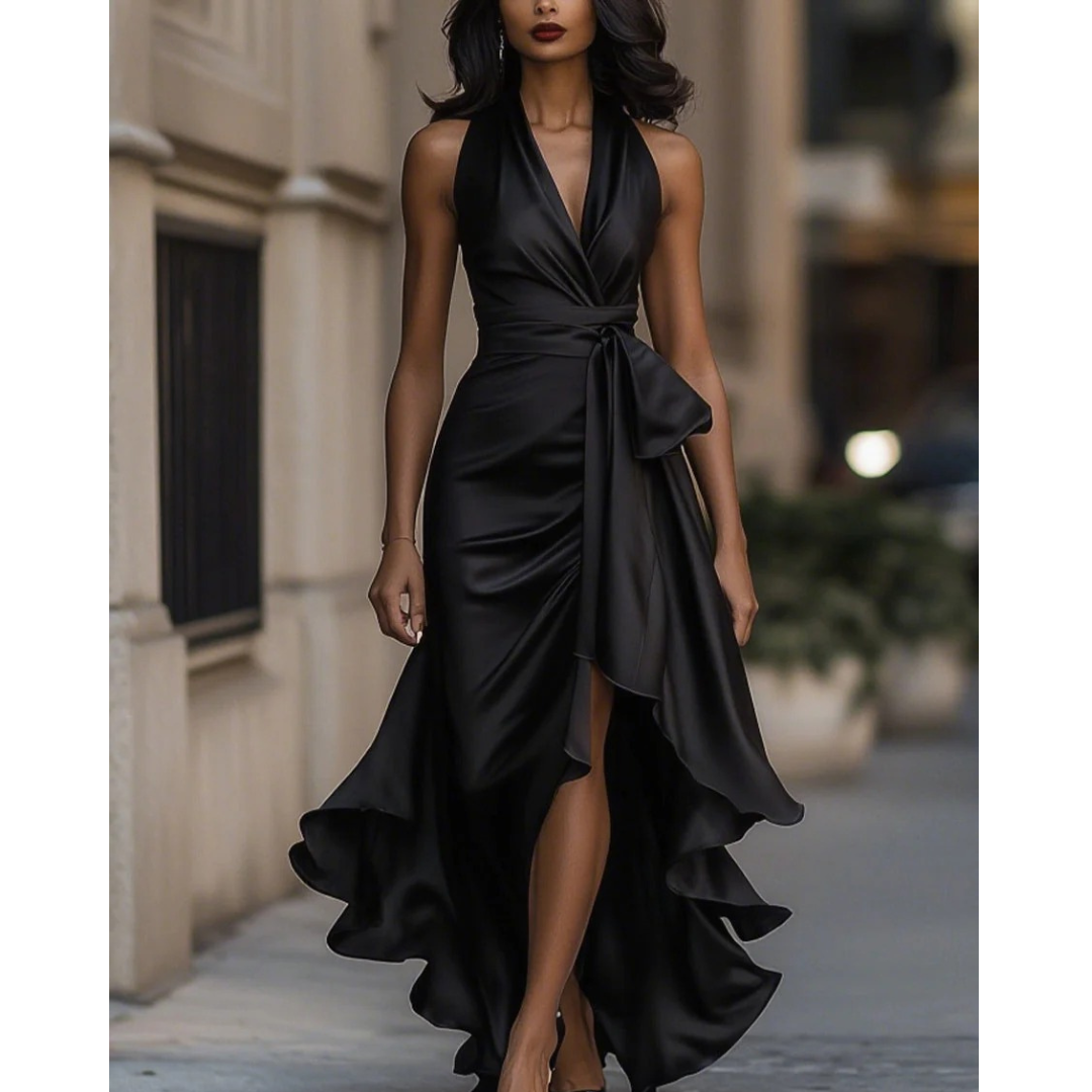 Women's Halter-neck Maxi Dress With A Draped Design And Ruffled Hem – Elegant Party Dress For Weddings, Parties, And Special Occasions