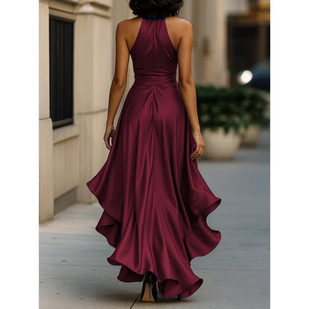 Women's Halter-neck Maxi Dress With A Draped Design And Ruffled Hem – Elegant Party Dress For Weddings, Parties, And Special Occasions