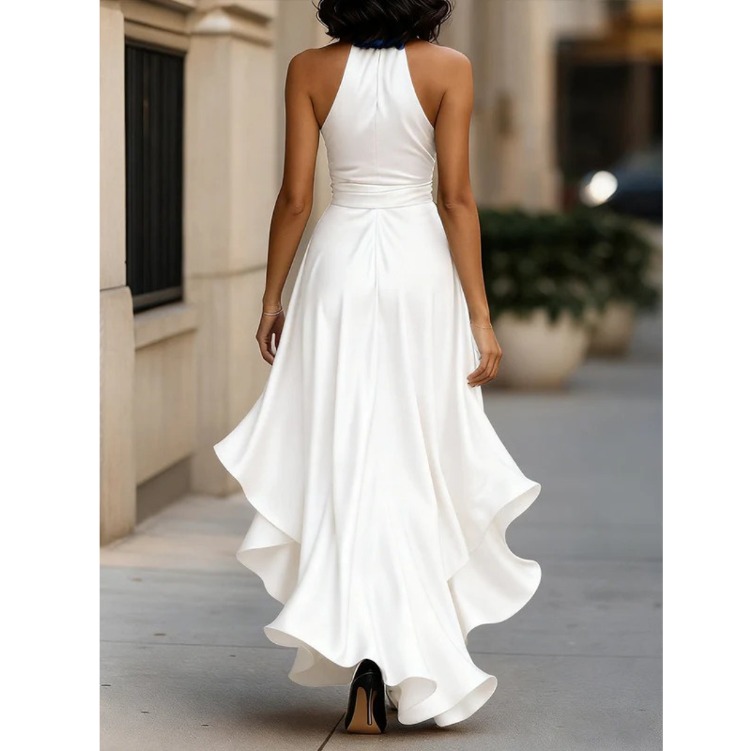 Women's Halter-neck Maxi Dress With A Draped Design And Ruffled Hem – Elegant Party Dress For Weddings, Parties, And Special Occasions