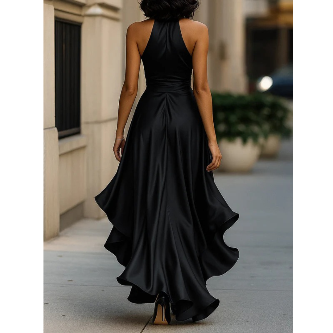 Women's Halter-neck Maxi Dress With A Draped Design And Ruffled Hem – Elegant Party Dress For Weddings, Parties, And Special Occasions