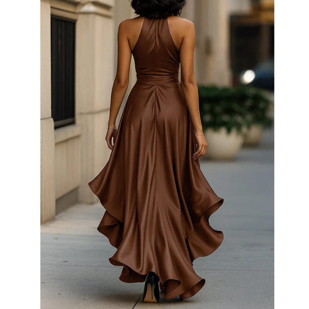 Women's Halter-neck Maxi Dress With A Draped Design And Ruffled Hem – Elegant Party Dress For Weddings, Parties, And Special Occasions