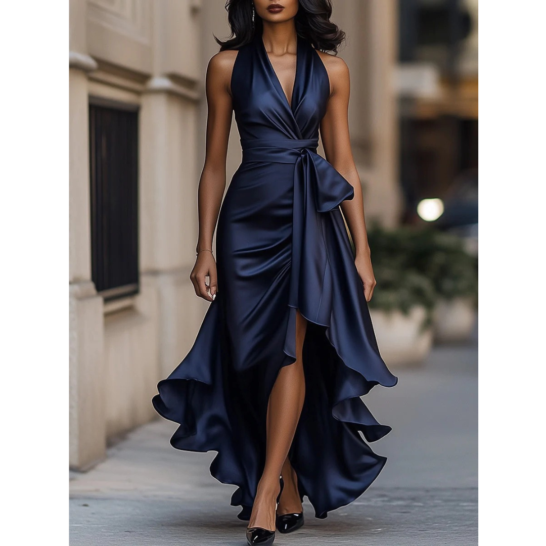 Women's Halter-neck Maxi Dress With A Draped Design And Ruffled Hem – Elegant Party Dress For Weddings, Parties, And Special Occasions