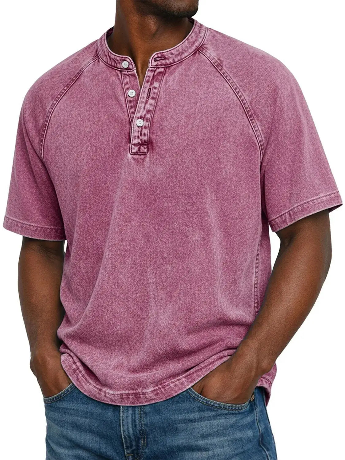 Men's Washed Short-sleeve Henley T-shirt – Relaxed Summer Wear For Everyday Use, Leisure, And Casual Style