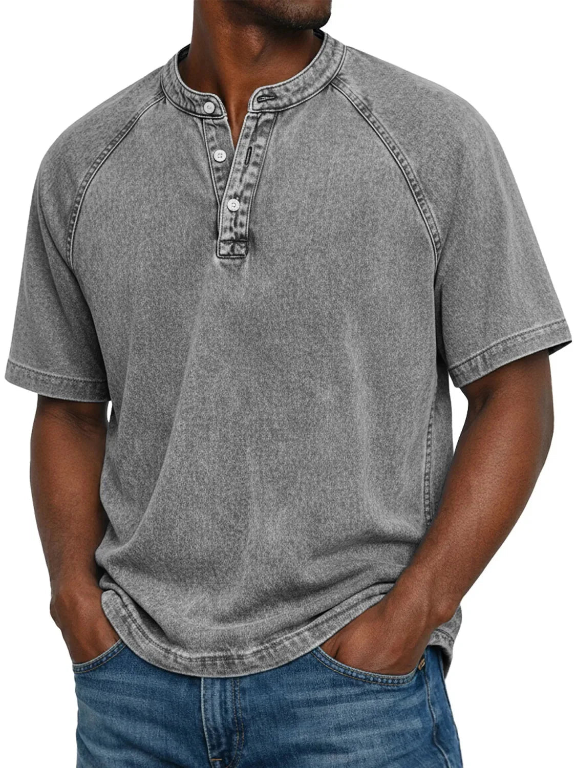 Men's Washed Short-sleeve Henley T-shirt – Relaxed Summer Wear For Everyday Use, Leisure, And Casual Style