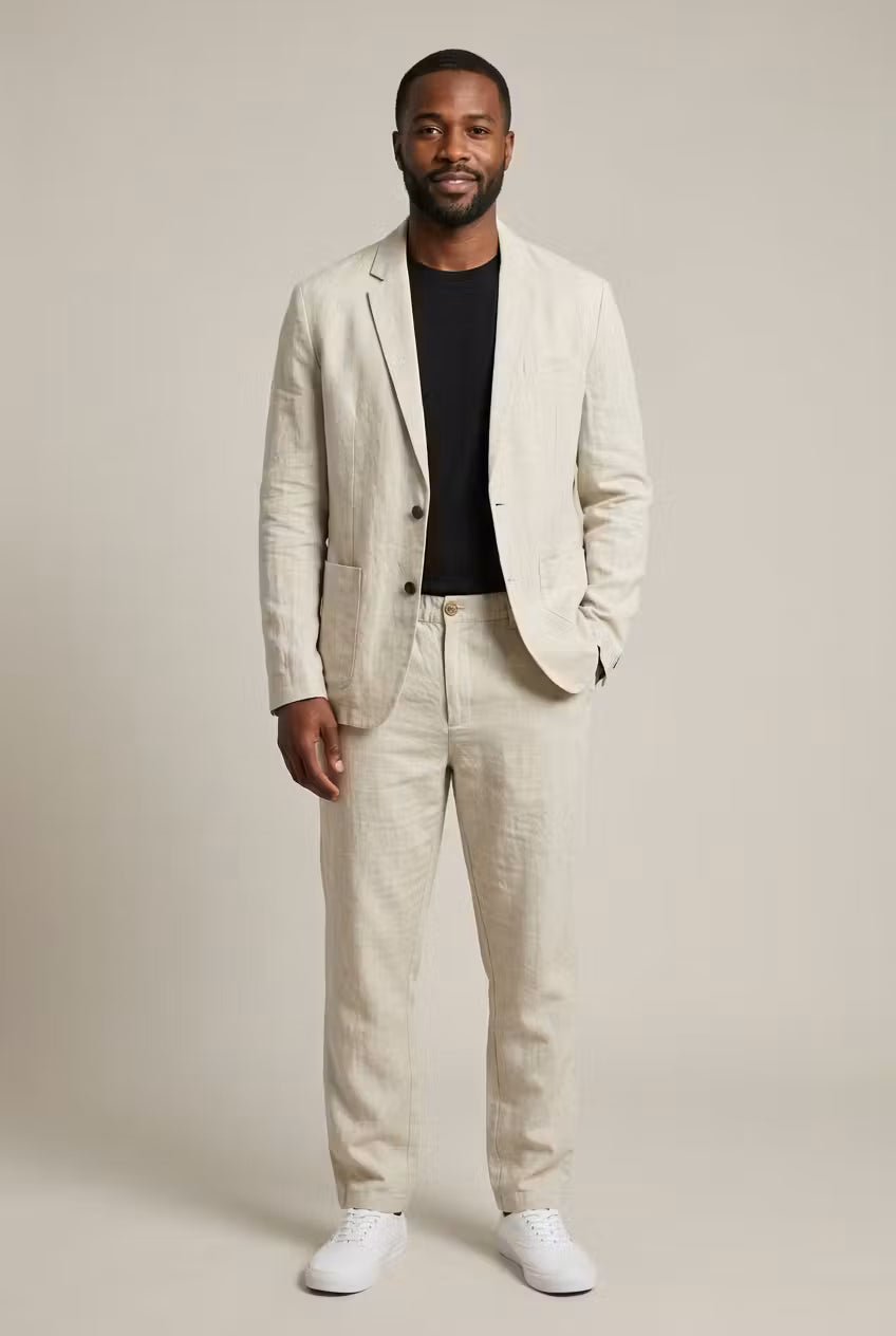 Men's Linen Suit Set - Breathable Relaxed Blazer And Trousers For Summer Weddings And Events