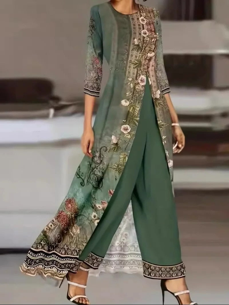 Women's 2-piece Set With A Patterned Long Tunic And Wide-leg Pants – An Elegant Set For Everyday Wear, The Office, And Smart-casual Style