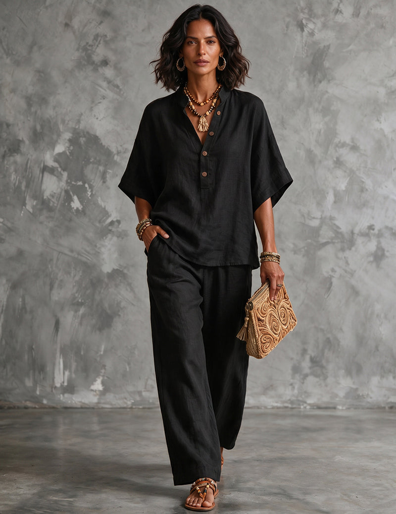 Women's Linen Batwing Sleeve Top And Pants Set - Relaxed Two-piece Outfit For Effortless Summer Wear