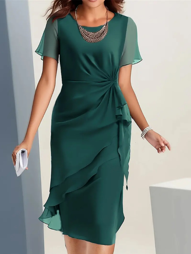 Women's Pleated Midi Dress With Ruffle Details – Elegant Cocktail Dress For Weddings, Evening Parties, And Special Occasions
