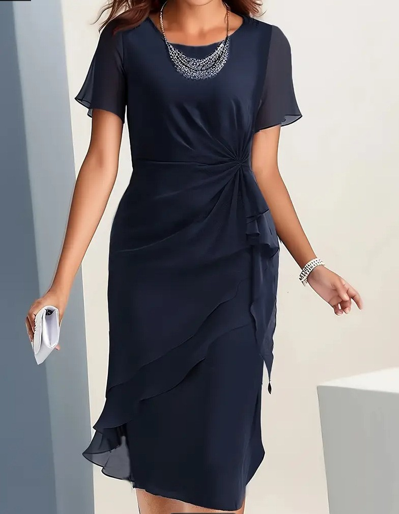Women's Pleated Midi Dress With Ruffle Details – Elegant Cocktail Dress For Weddings, Evening Parties, And Special Occasions