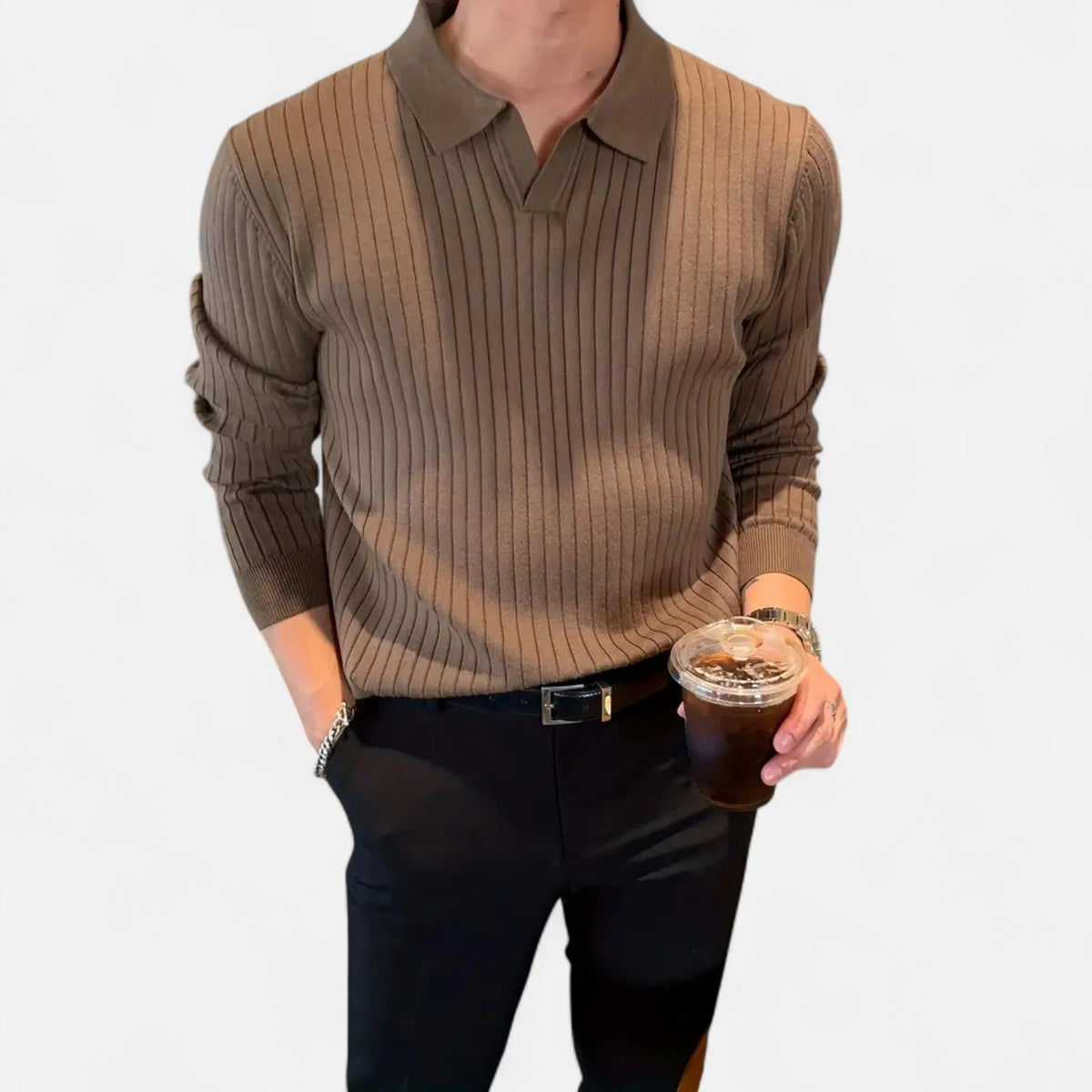 Men's Ribbed Long-sleeve Polo Shirt With A Collar – An Elegant Top For Stylish Everyday Outfits