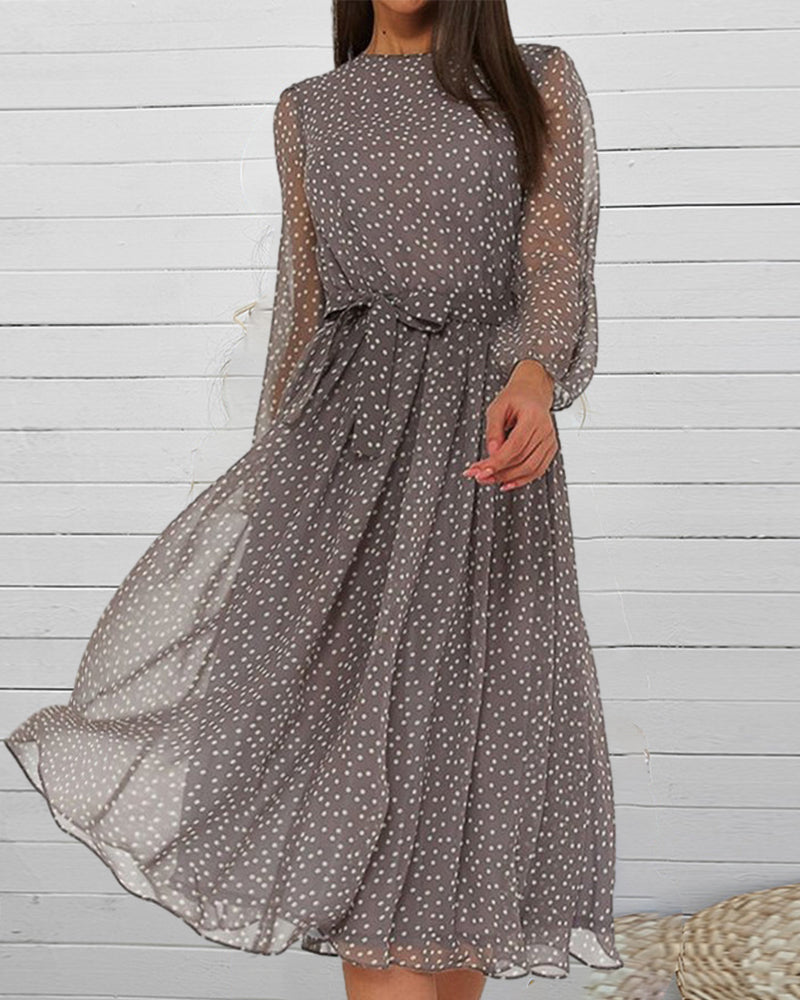 Women's Polka Dot A-line Dress - Loose Knee-length Long-sleeve Style For Elegant Everyday Wear