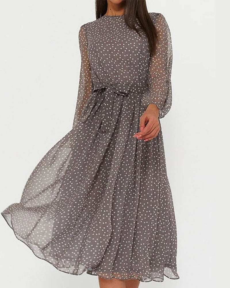 Women's Polka Dot A-line Dress - Loose Knee-length Long-sleeve Style For Elegant Everyday Wear