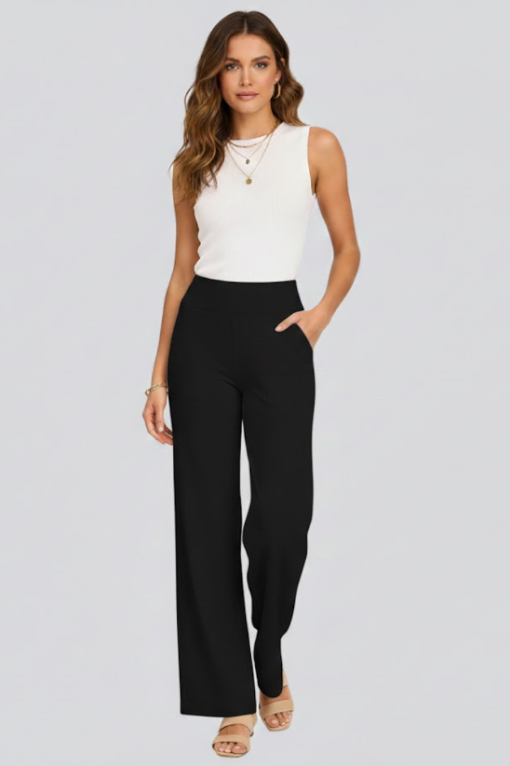 Women's High-waisted Pants With Wide Legs And A Pull-on Design – Comfortable Pants For The Office, Everyday Wear, And Smart-casual Style